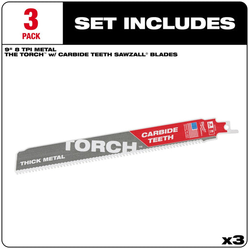Milwaukee 48-00-5302 9" 7TPI Torch Metal Cutting Sawzall Blade with Carbide Teeth, 3 Pack - My Tool Store