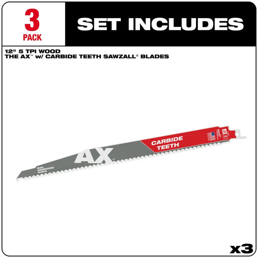 Milwaukee 48-00-5327 12" 5TPI AX with Carbide Teeth Sawzall Blade, 3 Pack - My Tool Store