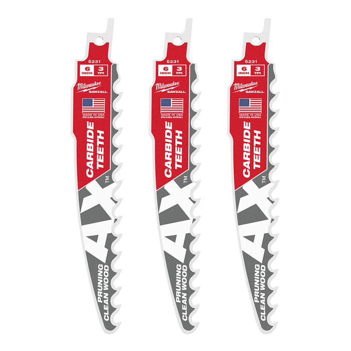 Milwaukee 48-00-5331 6" 3 TPI The AX™ with Carbide Teeth for Pruning & Clean Wood SAWZALL® Blade 3PK - My Tool Store