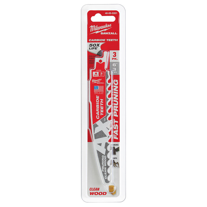 Milwaukee 48-00-5331 6" 3 TPI The AX™ with Carbide Teeth for Pruning & Clean Wood SAWZALL® Blade 3PK - My Tool Store