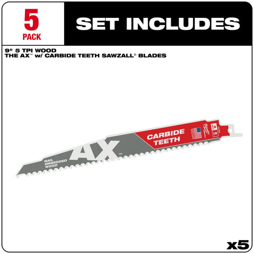 Milwaukee 48-00-5526 9" 5TPI AX with Carbide Teeth Sawzall Blade, 5 Pack - My Tool Store