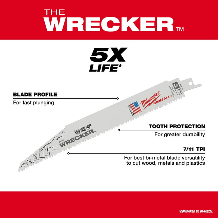 Milwaukee 48-00-5706 WRECKER Multi-Material SAWZALL Blade 9" 7/11TPI 5 Pack - My Tool Store