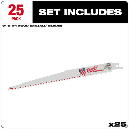Milwaukee 48-00-8036 Super Sawzall Blade 5 Teeth per Inch 9-Inch Length, 25 Pack - My Tool Store