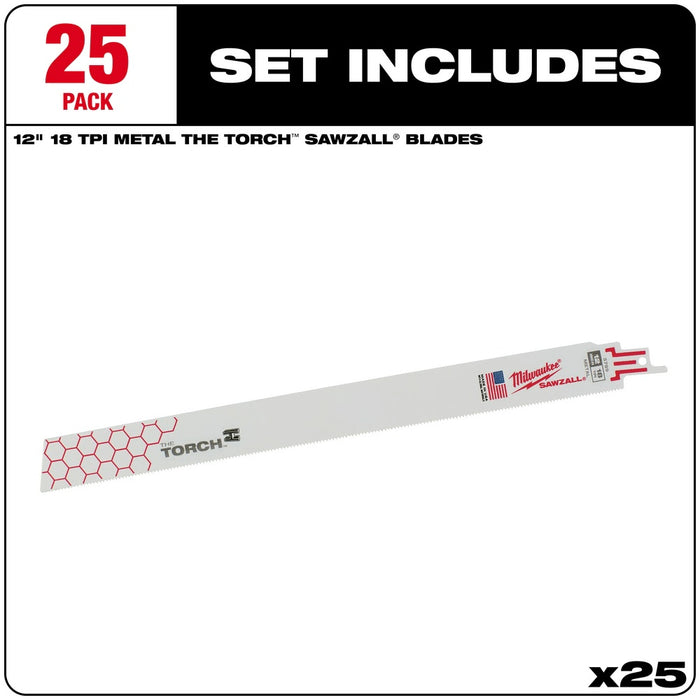 Milwaukee 48-00-8789 Super Sawzall Blade 18 Teeth per Inch 12-Inch Length, Torch, 25 Pack