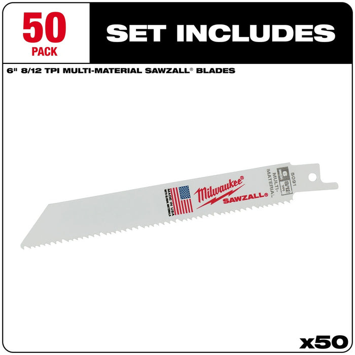 Milwaukee 48-01-6091 6" x 8/12TPI Bi-Metal Super Sawzall Blade 50-Pack