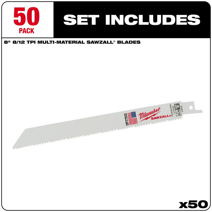 Milwaukee 48-01-6093 8" x 8/12TPI Bi-Metal Super Sawzall Blade 50-Pack