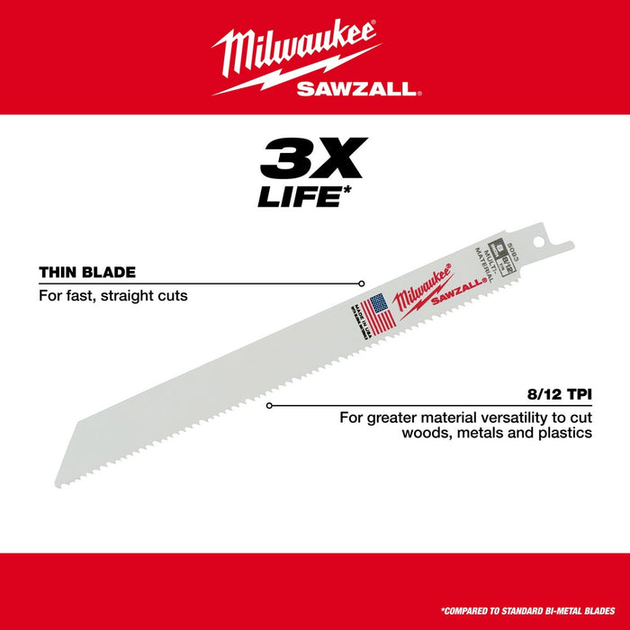 Milwaukee 48-01-6093 8" x 8/12TPI Bi-Metal Super Sawzall Blade 50-Pack
