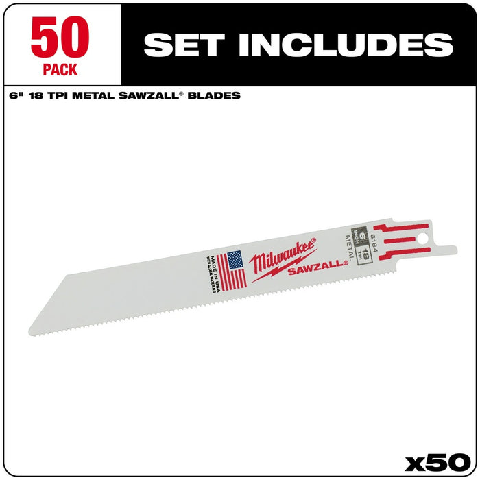 Milwaukee 48-01-6184 6" x 18TPI Bi-Metal Super Sawzall Blade 50-Pack