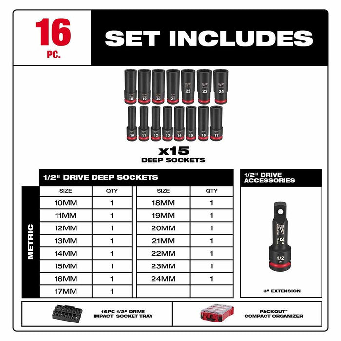Milwaukee 49-66-6803 Shockwave Impact Duty Socket 1/2" Drive 16-Piece MM Packout Set - My Tool Store