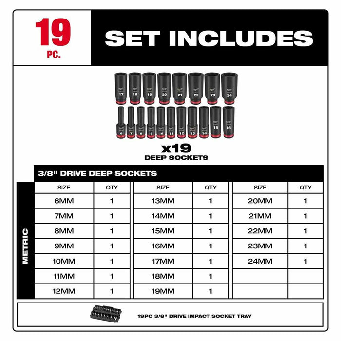 Milwaukee 49-66-6816 Shockwave Impact Duty Socket 3/8" Drive 19-Piece MM Tray Set