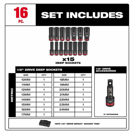 Milwaukee 49-66-6818 Shockwave Impact Duty Socket 1/2" Drive 16-Piece MM Tray Set - My Tool Store