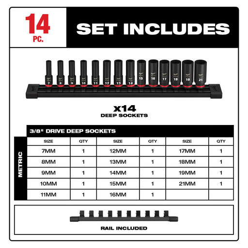 Milwaukee 49-66-7008 14PC SHOCKWAVE Impact Duty™  3/8" Drive Metric Deep 6 Point Socket Set - My Tool Store