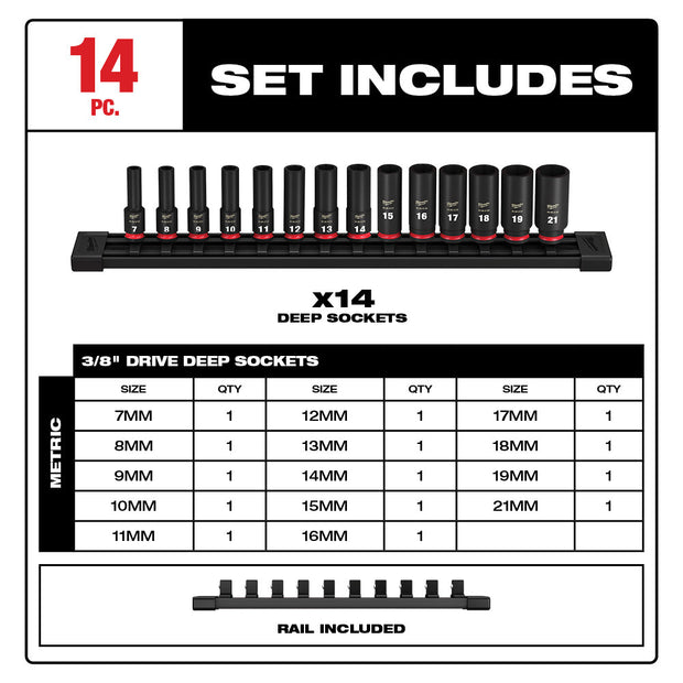 Milwaukee 49-66-7008 14PC SHOCKWAVE Impact Duty™  3/8" Drive Metric Deep 6 Point Socket Set