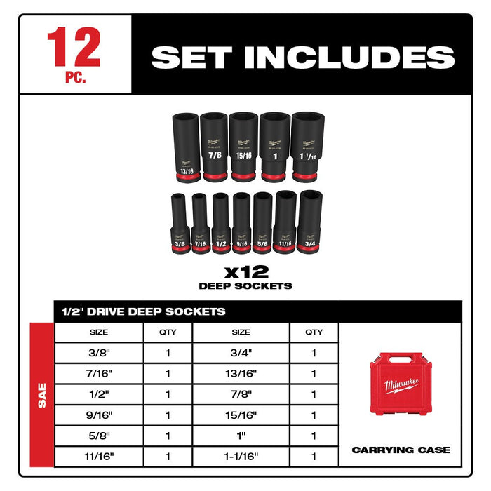 Milwaukee 49-66-7011 12PCSHOCKWAVE Impact Duty™ 1/2" Drive SAE Deep 6 Point Socket Set