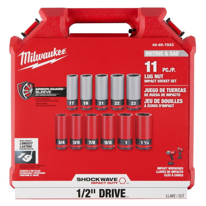 Milwaukee 49-66-7833 SHOCKWAVE Impact Duty 1/2 Drive SAE & Metric 11PC Lug Nut Wheel Socket Set