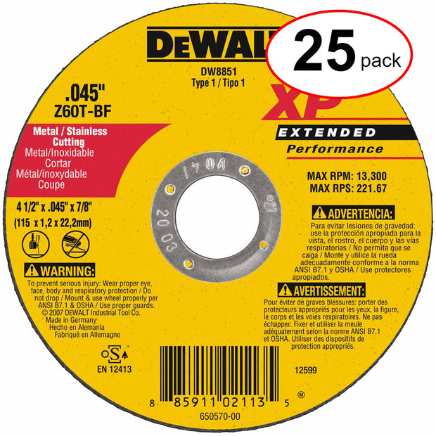 DeWalt DW8851 4-1/2" x .045" x 7/8" T1 XP Stainless Cutting Wheel (Pack of 25)