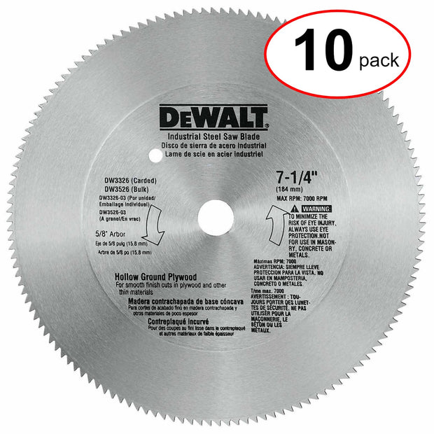 DeWalt DW3326 7-1/4" 140T Steel Hollow Ground Plywood Saw Blade - (10Pack)