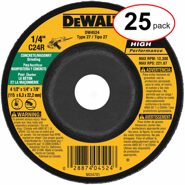 DeWalt DW4524 4-1/2" x 1/4" x 7/8" T27 Concrete/Masonry Grinding Wheel (25 Pack)