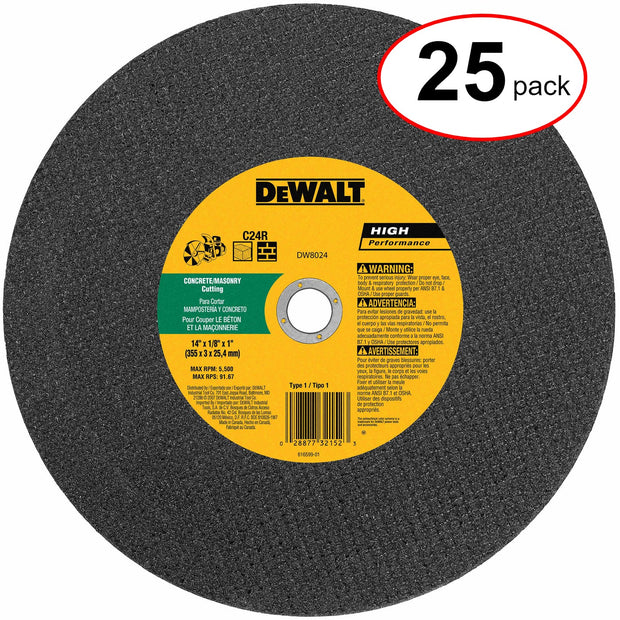 DeWalt DW8024 14" x 5/32" x 1" Masonry High Speed Cut-Off Wheel (Pack of 25)