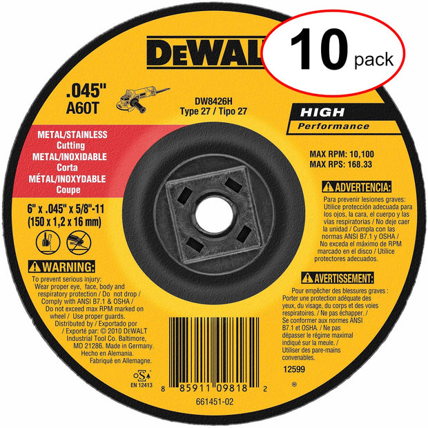 DeWalt DW8426H 6" x .045" x 5/8"-11 Type 27 HP Metal Cutting Wheel (Pack of 10)