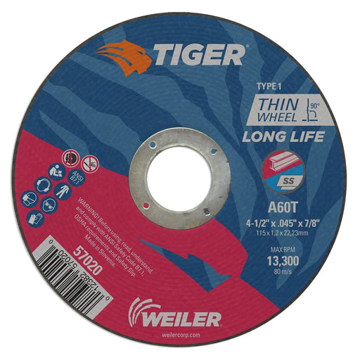 Weiler 57020 4-1/2" x .045" Tiger  Type 1 Thin Cutting Wheel, A60T, 7/8" A.H. - My Tool Store