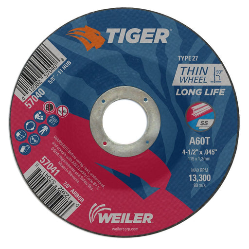 Weiler 57041 4-1/2" x .045" Tiger  Type 27 Thin Cutting Wheel, A60T, 7/8" A.H. - My Tool Store