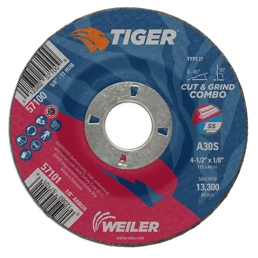 Weiler 57101 4-1/2" x 1/8" Tiger Type 27 Cut & Grind Combo Wheel, A30S, 7/8" A.H. - My Tool Store