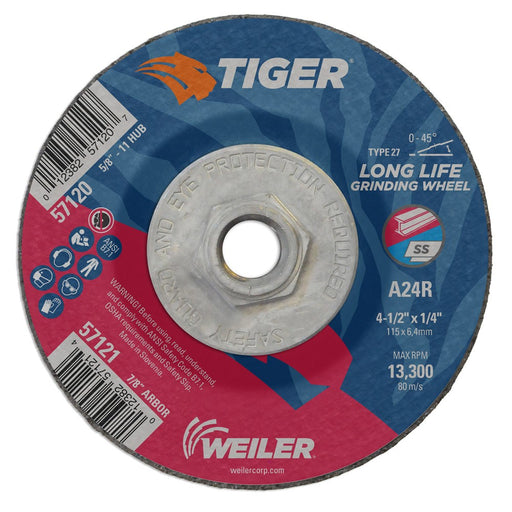 Weiler 57120 4-1/2" x 1/4" Tiger  Type 27 Grinding Wheel, A24R, 5/8"-11 UNC Nut - My Tool Store