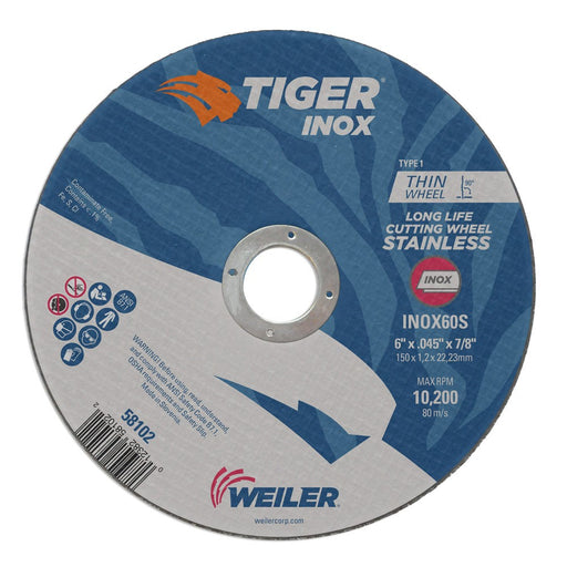 Weiler 58102 6" x .045" Tiger INOX  Type 1 Thin Cutting Wheel, INOX60S, 7/8" A.H. - My Tool Store