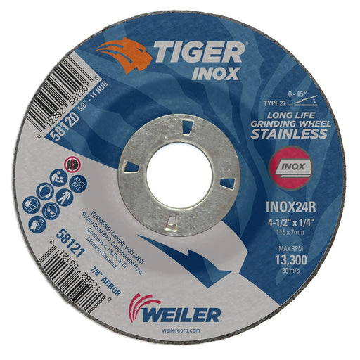 Weiler 58121 4-1/2" x 1/4" Tiger INOX  Type 27 Grinding Wheel, INOX24R, 7/8" A.H. - My Tool Store