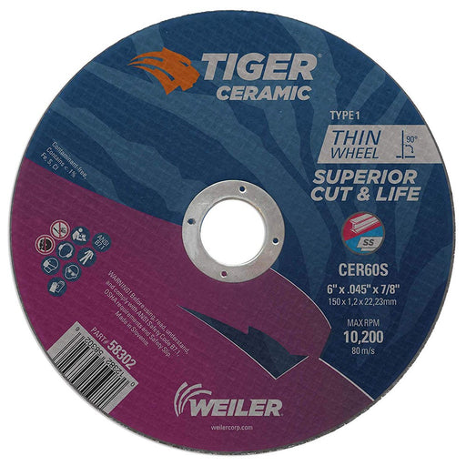 Weiler 58302 6 X .045 X 7/8 CER60S T1 Tiger Ceramic Cutting Wheel - My Tool Store