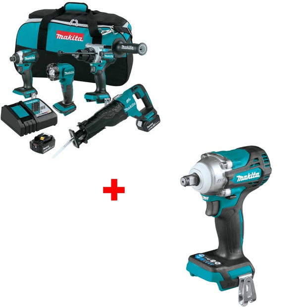 Makita XT453T 18V LXT 4-Pc. Combo Kit (5Ah) w/ FREE XWT14Z 18V LXT Impact Wrench