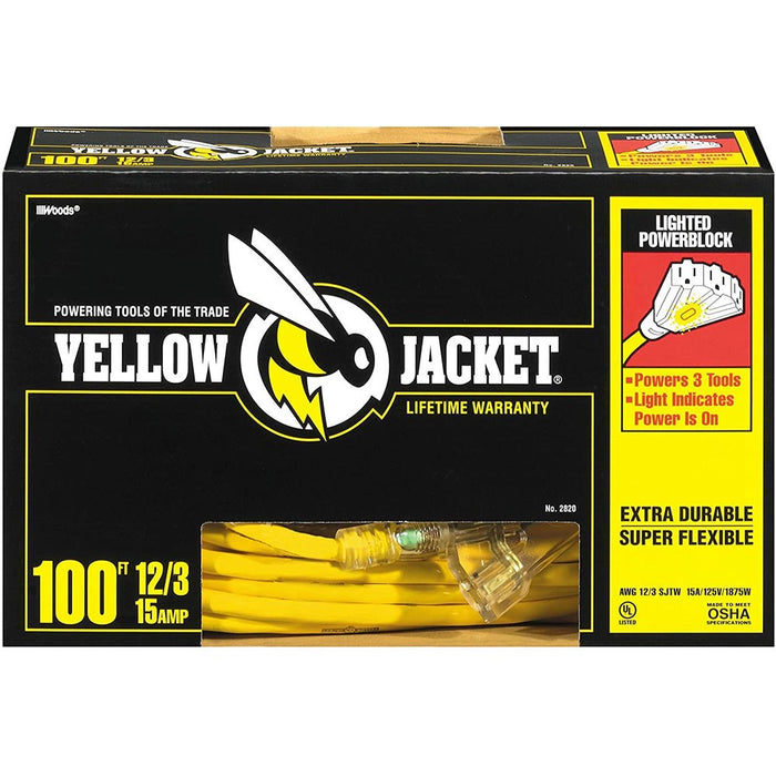 Yellow Jacket 2820 SJTW Extension Cord with 3-Outlet Lighted Power Block, 3 12 Awg Bare Conduct