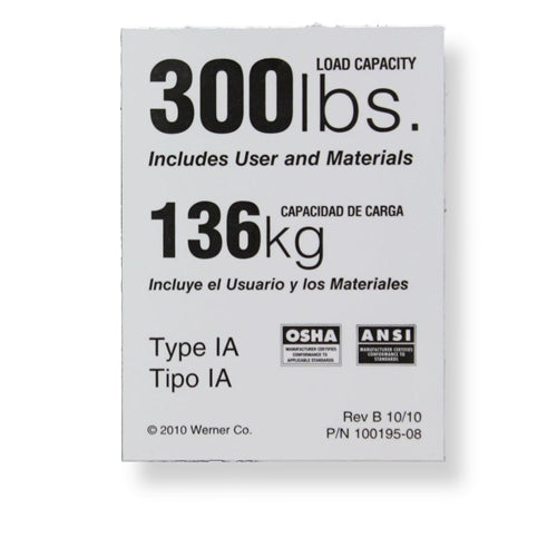 WERNER LDR300 WEIGHT RATING LABEL FOR 300 LBS LADDERS